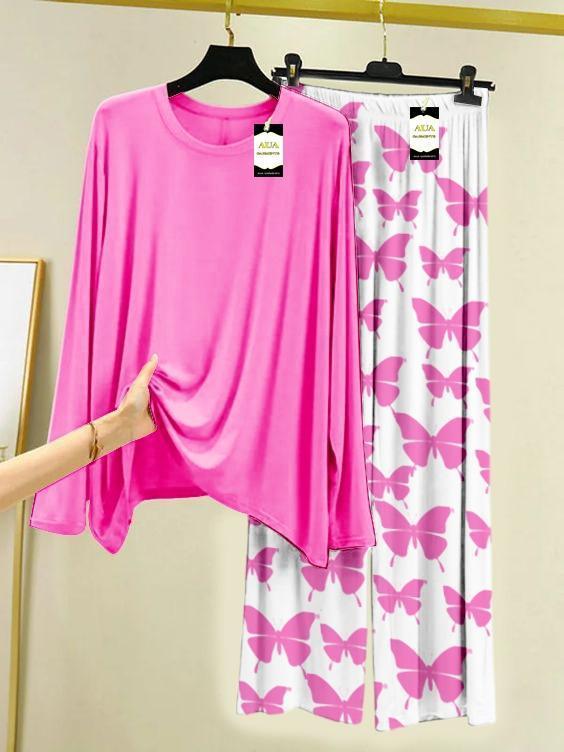 2Pcs Women's Stitched Plain Night Suit